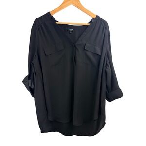 Torrid Harper Black V Neck Roll Tab Sleeve Button Front Blouse Sz 2 Flowy Comfy